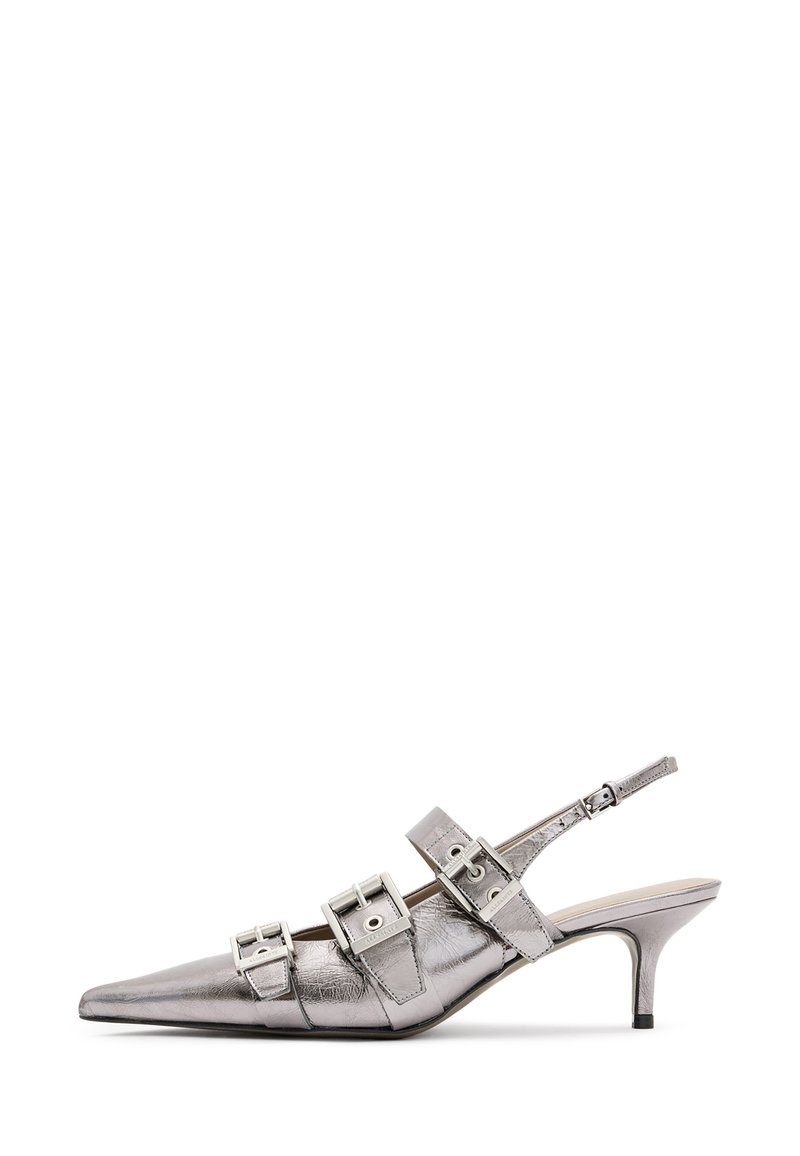 Metallic silver slingback heel with pointed toe, featuring three wide straps and square metallic buckles. Glossy texture and slim heel.
