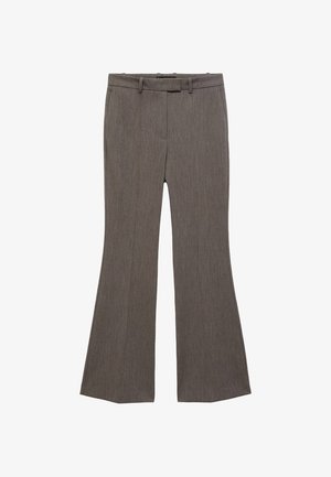 Brown flared trousers in textured fabric, featuring a flat front, belt loops, and a classic mid-rise waist. No visible pockets.