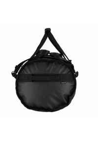 Borsa a duffel nera con forma rotonda, spallacci regolabili e manico rinforzato. Texture liscia con un'etichetta logo "Lava 70" su un lato.