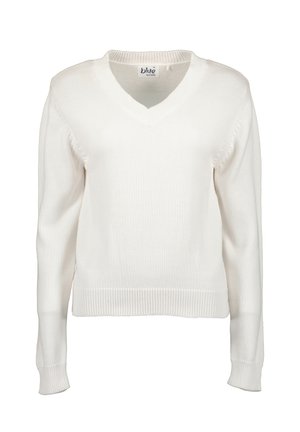 Valkoinen V-poolo, joka on valmistettu neuloksesta, jossa on pitkät hihat ja ribbireunat sekä helma. Yksinkertainen muotoilu hienovaraisella tekstuurilla.