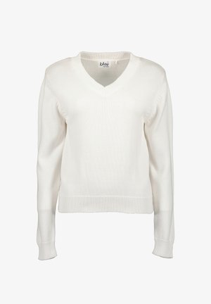 Pull blanc en V en tissu tricoté, avec des manches longues et des poignets et un ourlet côtelés. Design simple avec une texture subtile.