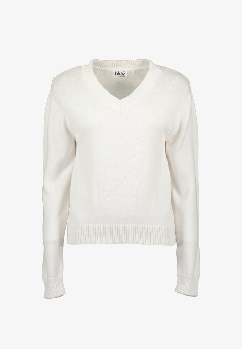 Hvid v-hals sweater fremstillet af strikket stof, med lange ærmer samt ribbede manchetter og kant. Enkelt design med subtil tekstur.