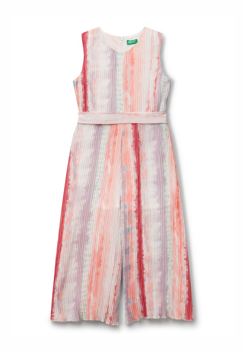 Plissé jumpsuit met een ronde halslijn, voorzien van verticale strepen in roze, paars en groene tinten, en een bijpassende tailleband.