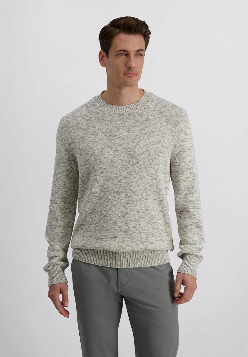 Lichtgrijze gebreide trui met een gespikkelde textuur, ronde hals, geribbelde manchetten en zoom. Draagt grijze broek.