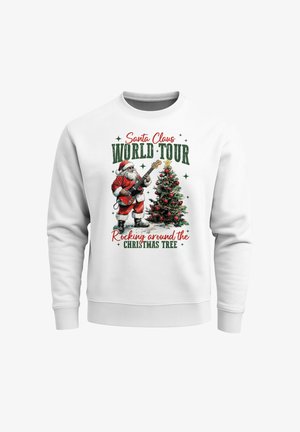 White sweatshirt featuring a graphic of Santa Claus playing guitar by a Christmas tree, with "Santa Claus World Tour" text in red and green.