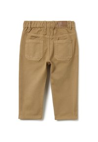 Pantalones de mezcla de algodón marrón con una cintura elástica, dos bolsillos traseros y una textura suave. Presenta una pequeña etiqueta de marca en la cintura.