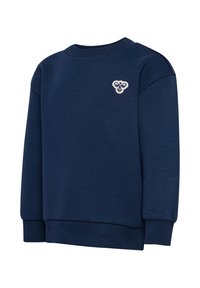 Mörkblå sweatshirt, rund halsringning, ribbade manschetter och fåll, tillverkad av mjukt material, har en liten broderad grafik på bröstet.
