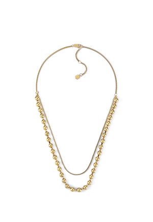 Collier double couche ton or avec une chaîne de perles rondes lisses et une chaîne fine à maillons carrés, avec un fermoir ajustable.