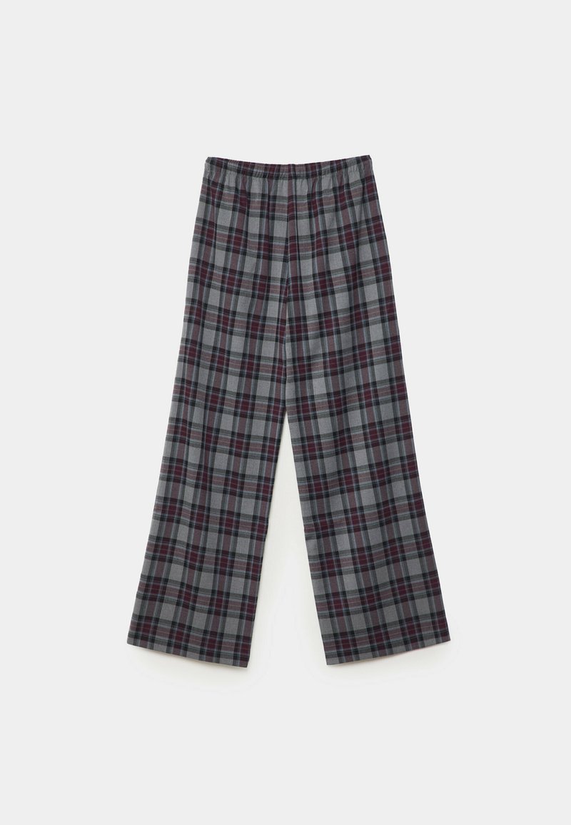 Spodnie w kratę o szerokich nogawkach z elastycznym pasem. Szary materiał z burgundowym i granatowym wzorem w kratę. Miękka tkanina z luźnym krojem.