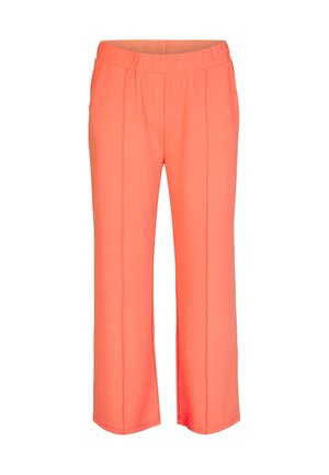 Perzikkleurige, lichte stoffen broek met een elastische tailleband, rechte pijpen en subtiele voornaad voor extra detail.