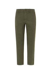 Pantalones verde oliva fabricados en algodón. Diseño ajustado con cierre de botón y bolsillos estándar. Textura suave en toda la prenda.