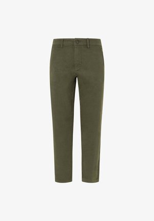 Oliwkowe spodnie wykonane z materiału bawełnianego. Slim-fit z zapięciem na guzik i standardowymi kieszeniami. Gładka tekstura w całym wyrobie.