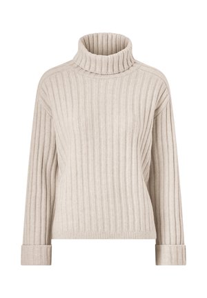 Beige geribbelde turtleneck trui met lange mouwen en opgerolde manchetten. Heeft een zachte textuur en een relaxte pasvorm met verticale strepen.