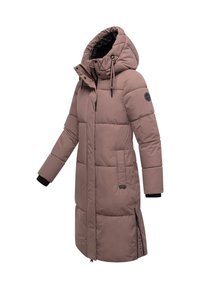 Lång mauve vadderad vinterjacka med huva, framdragkedja, sidofickor och justerbara snoddar på huvan.