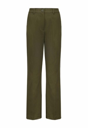 Olivgrüne, gerade geschnittene Hose mit Gürtelschlaufen, Knopfverschluss und vorderen Bügelfalten.