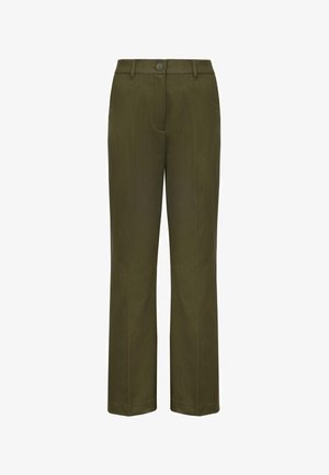 Olivgrüne, gerade geschnittene Hose mit Gürtelschlaufen, Knopfverschluss und vorderen Bügelfalten.