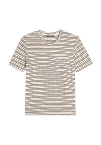Gestreiftes Kurzarm-T-Shirt in Beige- und Dunkelbrauntönen. Verfügt über eine Brusttasche, einen Rundhalsausschnitt und eine weiche Textur.