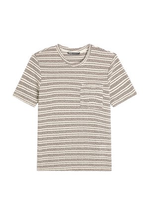 Gestreiftes Kurzarm-T-Shirt in Beige- und Dunkelbrauntönen. Verfügt über eine Brusttasche, einen Rundhalsausschnitt und eine weiche Textur.