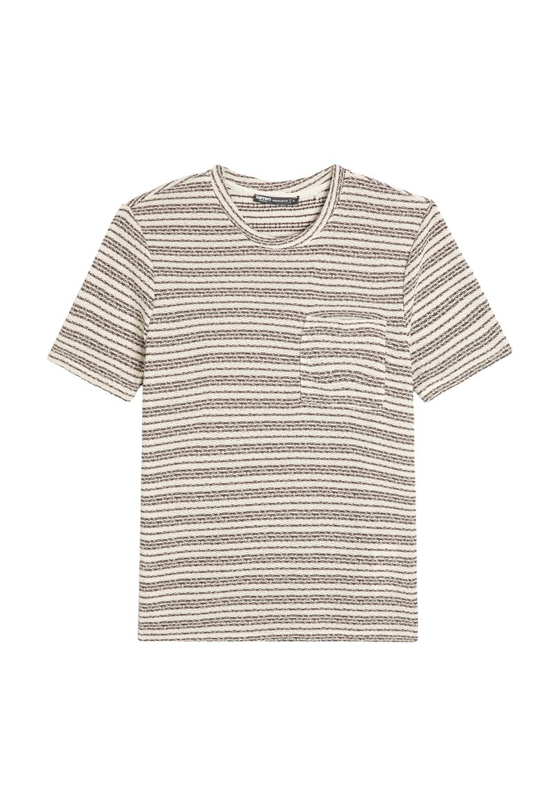 Gestreiftes Kurzarm-T-Shirt in Beige- und Dunkelbrauntönen. Verfügt über eine Brusttasche, einen Rundhalsausschnitt und eine weiche Textur.