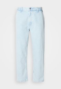 Light blue straight-leg jeans with belt loops and a button closure, displayed flat on a white background.
