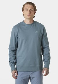 Sudadera azul claro hecha de un tejido suave. Mangas largas, puños y dobladillo de canalé. Presenta un pequeño logo grabado en el pecho.