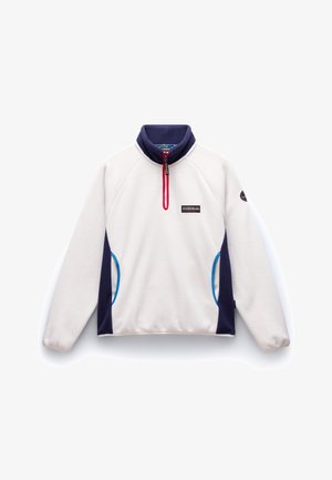 Fleece-Pullover in Cremefarbe mit marineblauen Akzenten. Verfügt über einen hohen Kragen, einen halben Reißverschluss mit rotem Ziehband und Seitentaschen mit blauen Streifen.