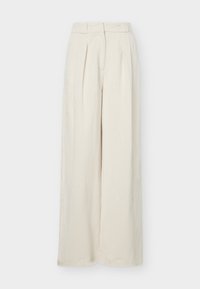 Kõrge vöökohaga beežid laiade säärega püksid esipleeridega, vööaasade ja peidetud esilukuga.