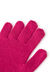 Różowe dziane rękawiczki o teksturowanym wykończeniu; pięciopalczasty design; miękki, ciepły materiał; gładkie krawędzie.