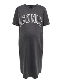 Grijze katoenen jurk met korte mouwen, ronde halslijn en "ICONIC"-opdruk in het wit. Heeft opgerolde mouwboorden en een losse pasvorm.