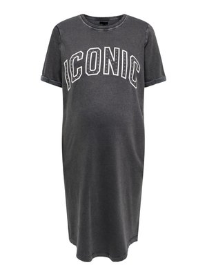 Szara bawełniana sukienka z krótkimi rękawami, okrągłym dekoltem i białym nadrukiem "ICONIC". Posiada podwinięte mankiety rękawów oraz luźny krój.