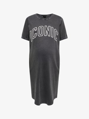 Grijze katoenen jurk met korte mouwen, ronde halslijn en "ICONIC"-opdruk in het wit. Heeft opgerolde mouwboorden en een losse pasvorm.