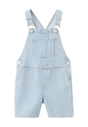 Combinaison courte en denim bleu clair avec poche poitrine avant, bretelles réglables, boutons latéraux et poches latérales.