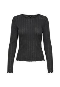Schwarzes Langarmoberteil mit geripptem Material, runder Halslinie und gewellten Säumen. Verfügt über vertikale Streifen und dezente Muster im gesamten Design.