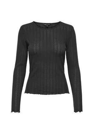 Black long-sleeve top with ribbed texture, round neckline, and scalloped hems. Features vertical stripes and subtle patterns throughout.