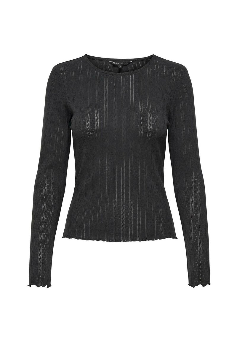 Schwarzes Langarmoberteil mit geripptem Material, runder Halslinie und gewellten Säumen. Verfügt über vertikale Streifen und dezente Muster im gesamten Design.