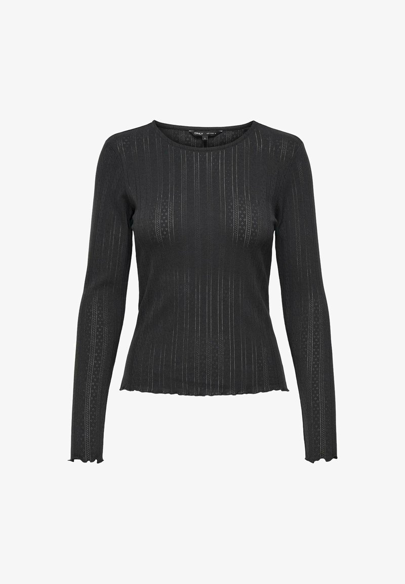 Schwarzes Langarmoberteil mit geripptem Material, runder Halslinie und gewellten Säumen. Verfügt über vertikale Streifen und dezente Muster im gesamten Design.