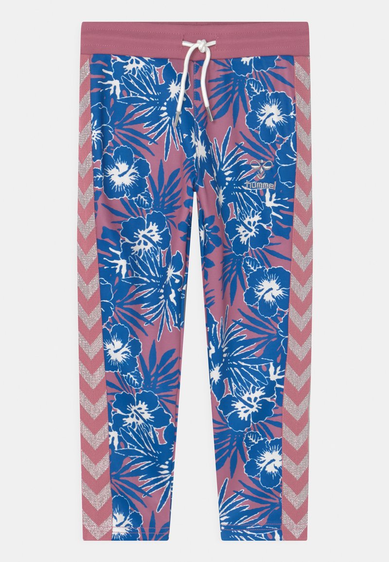 Rosa joggers med blå och vita blommönster, med dragsko i midjan och chevronrandiga sidodetaljer i texturerat material.