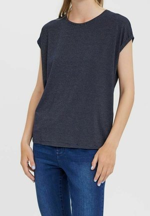 Navy blue short-sleeve t-shirt with a round neckline; features a subtle striped texture and relaxed fit. Paired with blue denim jeans.