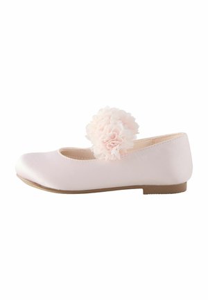 Pink satin ballet flat with a rounded toe and a flower embellishment on the side. Features a smooth finish and a flat, brown sole.