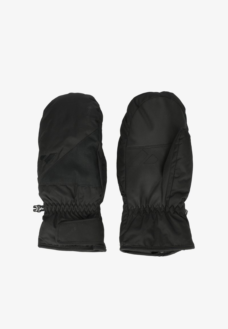 Par af sorte isolerede vanter med elastiske håndled og en sikker rem, designet til beskyttelse mod koldt vejr.