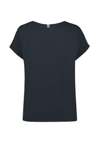 Dark navy blue T-shirt with short rolled sleeves, a loose fit, and a round neckline. Fabric appears soft with a smooth texture.