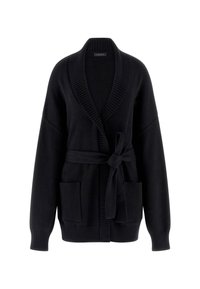 Sort strikket cardigan med sjalskrave, lange ærmer, store forlommer og en bundet taljebælte. Har ribbede manchetter og kant.