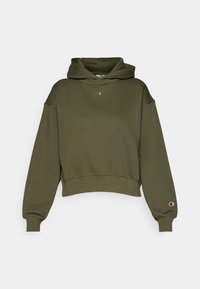 Olivgrüner, verkürzter Hoodie aus weichem Fleece, ausgestattet mit einer Kapuze mit Kordelzug, gerippten Bündchen und einem kleinen Logo auf der Brust und dem Ärmel.