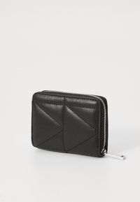 Black leather wallet with geometric quilted pattern, zippered closure, silver hardware, compact rectangular shape, smooth texture.