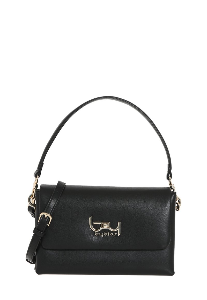 Borsa a mano in pelle nera con design pieghevole, hardware con logo dorato, manico singolo in alto e tracolla regolabile. Texture liscia.
