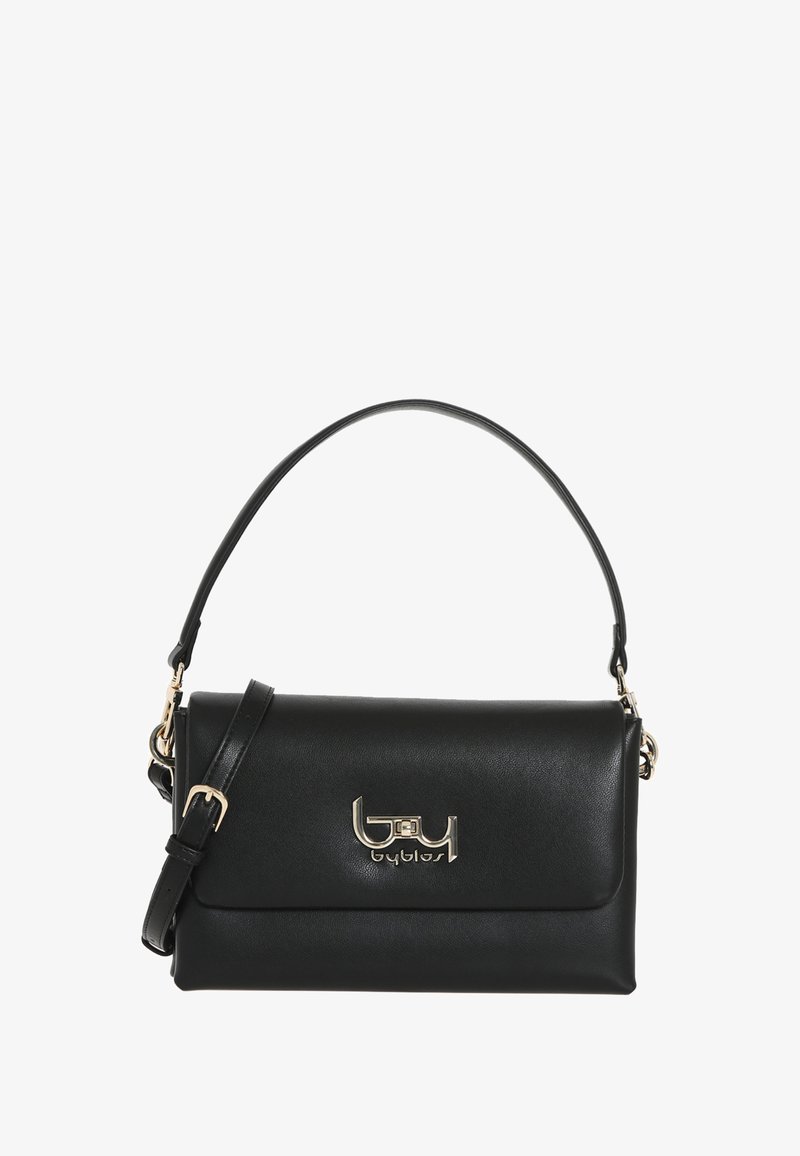 Borsa a mano in pelle nera con design pieghevole, hardware con logo dorato, manico singolo in alto e tracolla regolabile. Texture liscia.