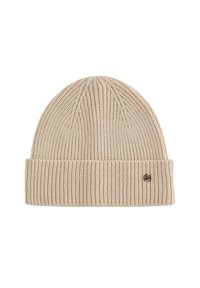 Berretto lavorato a maglia beige con risvolto, caratterizzato da una texture a coste e un piccolo logo sul lato. Tessuto leggero e elasticizzato.