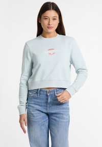 Lichtblauwe cropped sweatshirt met lange mouwen, ribgebreide manchetten en een geborduurd "Guess Jeans" logo in rood en wit. Draag met blauwe jeans.