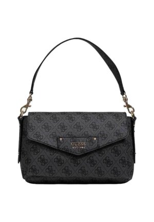 Borsa a spalla nera con motivo, chiusura a pattina, dettagli del logo in oro e finitura in pelle sintetica. Presenta una tracolla singola e una forma slanciata.