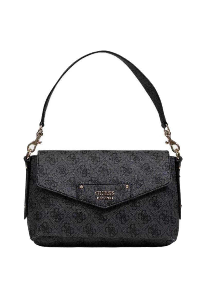 Borsa a spalla nera con motivo, chiusura a pattina, dettagli del logo in oro e finitura in pelle sintetica. Presenta una tracolla singola e una forma slanciata.